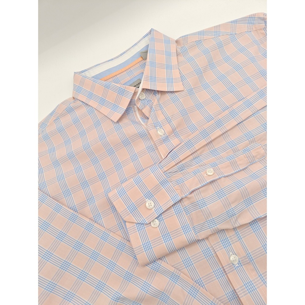 Bachrach Mens L 16.5x34 Pink Blue Check Cotton Button Up Dress Shirt Regular Fit